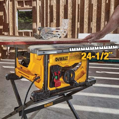 Compact Portable Jobsite Table Saw with Fifteen Amp Motor and Eight and a Quarter Inch Cut Capacity, side view cutting wood