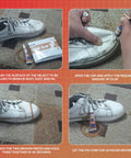 Eight 10Ml Tubes Shoe Glue Repair Kit with Sanding Sticks and Rubber Bands for Sneakers High Heels Crocs and More Clear Drying Durable Sole Fix for Extreme Conditions, shown in use on sneakers.