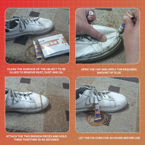Eight 10Ml Tubes Shoe Glue Repair Kit with Sanding Sticks and Rubber Bands for Sneakers High Heels Crocs and More Clear Drying Durable Sole Fix for Extreme Conditions, shown in use on sneakers.