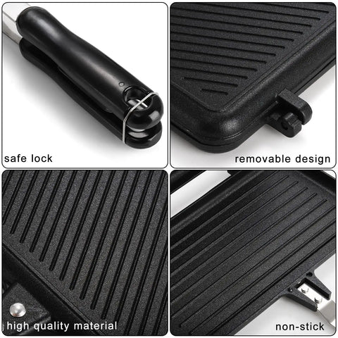 Flip Panini Sandwich Maker With Nonstick Aluminum Grill Pan And Handle Stovetop Indoor Outdoor Press details, close-up.