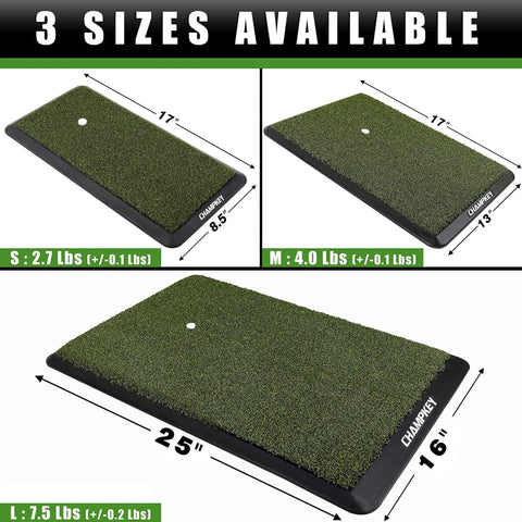 Three sizes of Premium Synthetic Turf Golf Hitting Mat With Heavy Duty Rubber Base And 16mm True Turf Surface That Feels Like Real Fairway Or Tee Box Includes 9 Plastic Tees And 1 Rubber Tee Holder Dark Green Pro 13x17, with measurements.
