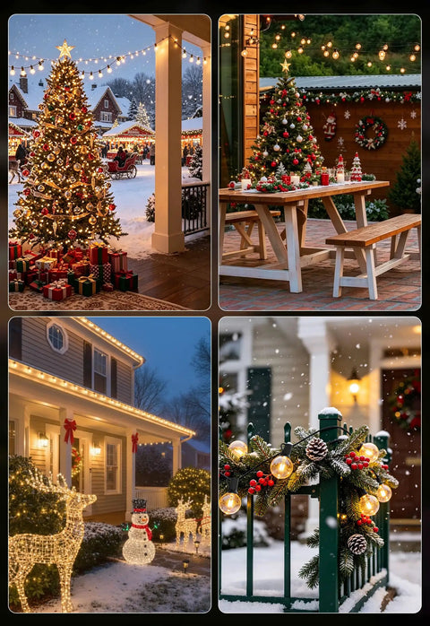 Outdoor String Lights 50 Ft Weatherproof With 27 Vintage Shatterproof LED Edison Bulbs illuminating Christmas decor and snow.