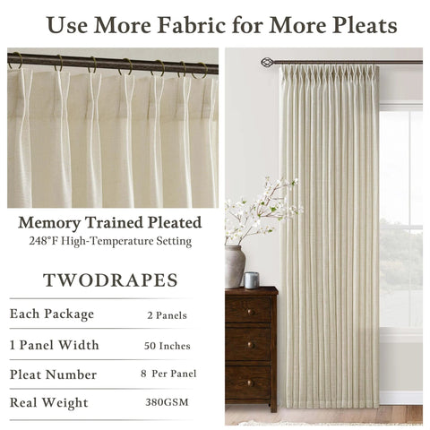Sand Beige Linen Curtains 102 Inches Long for Living Room Two Panels 50 by 102 Inch Pinch Pleated Drape close up view