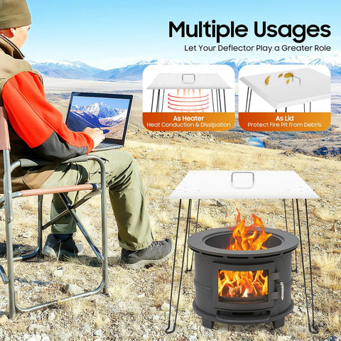 Square Fire Pit Heat Deflector With 4 Foldable Legs And Carry Handle Outdoor 24x24 Inch Burner Cover With flames underneath