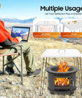 Fire Pit Heat Deflector 24x24x24 Inch Stainless Steel Burner Cover with Foldable Legs in outdoor use with seated person