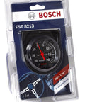 Bosch FST 8213 2-inch mechanical vacuum and boost gauge in clear blister packaging, black dial face and bezel