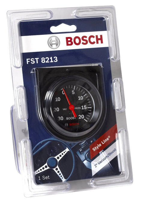 Bosch FST 8213 2-inch mechanical vacuum and boost gauge in clear blister packaging, black dial face and bezel
