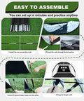 Instruction guide for assembling 10x7 Ft Golf Hitting Net with Tri Turf Mat, showing step-by-step photos of setup process.
