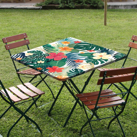 Elastic Edge Square Fitted Tablecloth With Tropical Palm Leaves Card Table Cover For Outdoor And Indoor Use Wipeable Polyester
