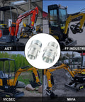 4pcs M14–M16 hydraulic adapter fittings, DIN style, silver metal for mini excavator hoses, shown with four excavators