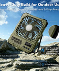 Portable 6 Inch Folding Fan With 20000mAh Battery Built-In Power Bank LED Light on rocky terrain, khaki color