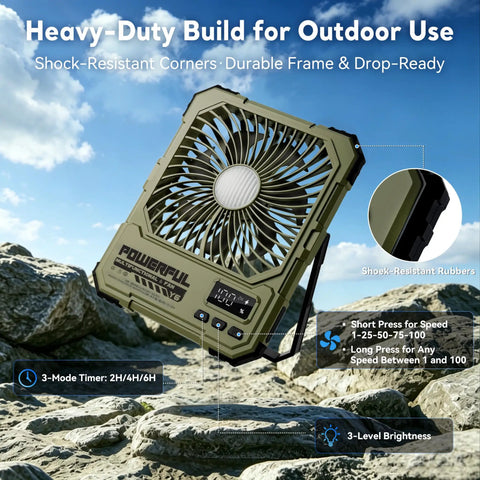 Portable 6 Inch Folding Fan With 20000mAh Battery Built-In Power Bank LED Light on rocky terrain, khaki color