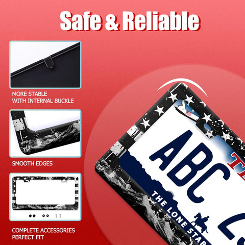 Stainless Steel License Plate Frame With American Flag Eagle Mountains Design For Cars And Trucks Heavy Duty Plate Holder 12.3 By 6.3 Inch Fits Standard US And Canada Vehicles Includes Screws Caps And Washers