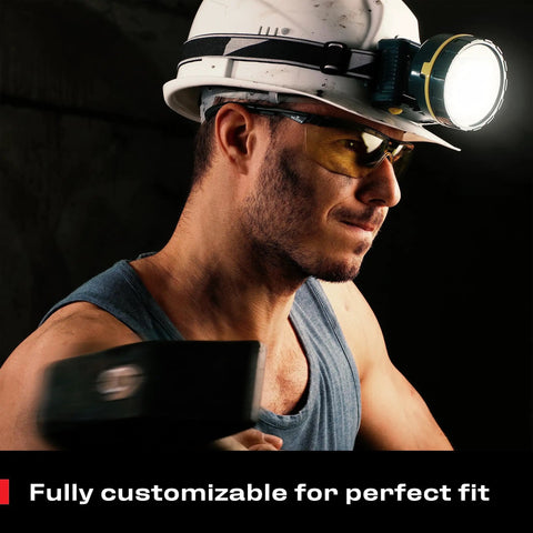 Man wearing Yellow Safety Glasses For Men, ANSI Z87 rated shooting eyewear with Scratch And Fog Resistant Lenses, holding a tool