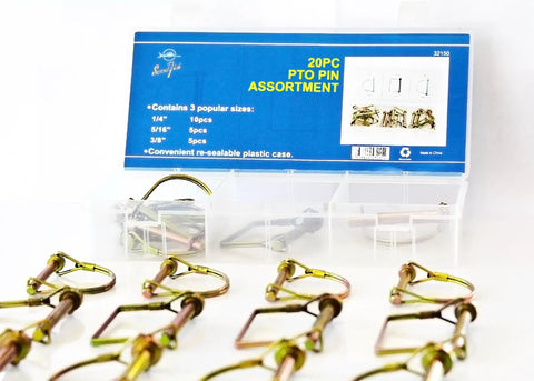 PTO Pin Set 20 Piece Assortment for Power Take Off Hubs and Implements, yellow zinc plated, arranged in plastic case.
