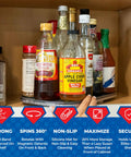 Beefy Steel Reinforced Lazy Susan Cabinet Organizer Turntable holding various kitchen jars, rotating smoothly, with strong magnetic stop.