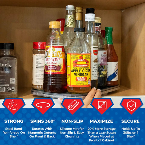 Beefy Steel Reinforced Lazy Susan Cabinet Organizer Turntable holding various kitchen jars, rotating smoothly, with strong magnetic stop.