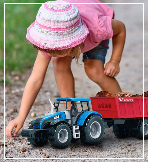 Child playing with Friction Powered Farm Tractor Trailer Toy Set 16 Inch Three Pack For Kids with blue tractor on gravel trail.