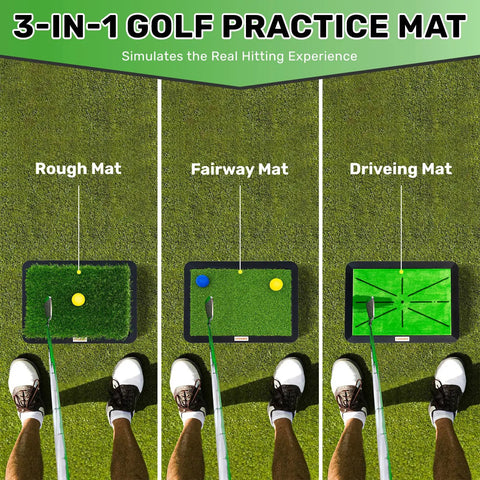 3 In 1 Golf Practice Mat Set With Instant Swing Path Feedback, Replaceable Mats And No Slip Heavy Duty Rubber Base, Portable