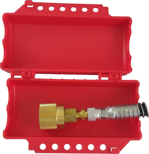 Go To Universal Lockout Device For Forklift, Gas Cylinder, And Electrical Plugs Recycled Plastic OSHA 1910.147 Compliant, 4.25 x 7.25 x 3 Inch, Red, USA Made device with open view showing internal mechanism