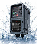 Tough As Nails IP65 Waterproof Variable Frequency Drive For 220V Motors One To Three Phase Built Heavy Duty To Handle Outdoor Rain Humidity Dust And Grime On Rough Job Sites For Heavy Industry Jobs All Year Round Without Fail. Front view of IP65 220V VFD in water splash