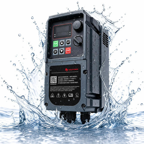 Tough As Nails IP65 Waterproof Variable Frequency Drive For 220V Motors One To Three Phase Built Heavy Duty To Handle Outdoor Rain Humidity Dust And Grime On Rough Job Sites For Heavy Industry Jobs All Year Round Without Fail. Front view of IP65 220V VFD in water splash