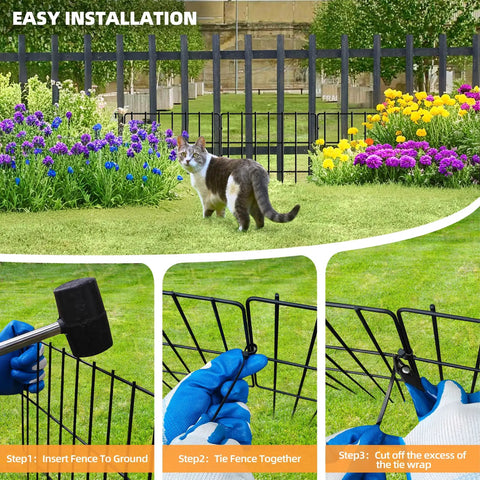 No Dig Garden Fence Barrier Set, 30 Panels Spanning 42.5 Feet installed around garden with step-by-step installation demonstration.