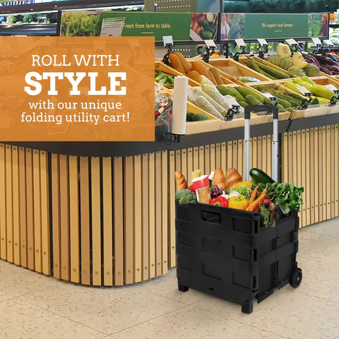 Ultra Slim Collapsible 2 Wheel Utility Cart With Telescopic Handle 80 Lb Load Capacity holding groceries in market