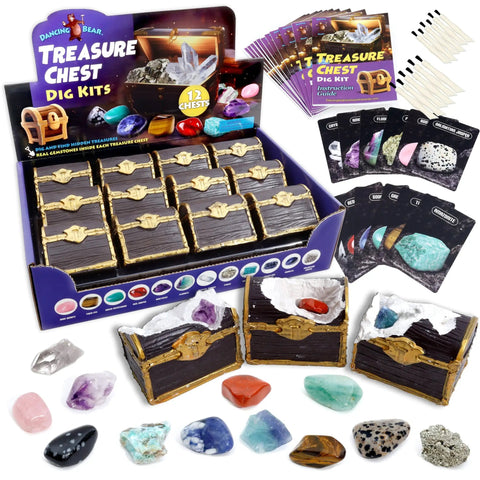 Treasure Chest Dig Kit Party Pack For 12 Kids with gems, crystals, and excavation tools for STEM activity
