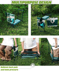 Collage showing garden kneeler and seat with thick cushioned kneeling pad heavy duty bench for kneeling and sitting with pouch bag in use