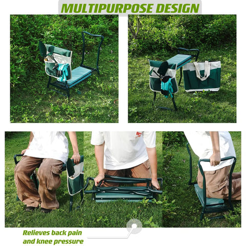 Collage showing garden kneeler and seat with thick cushioned kneeling pad heavy duty bench for kneeling and sitting with pouch bag in use
