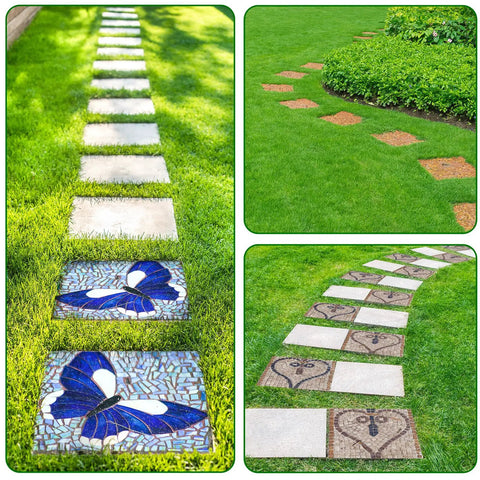 Three Size Square Stepping Stone Molds Set for Concrete with mosaic designs in a garden path.