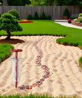 Compact Handheld Seed Spreader For Precise Sowing In Lawns, Gardens And Planters on sandy path with colorful seeds