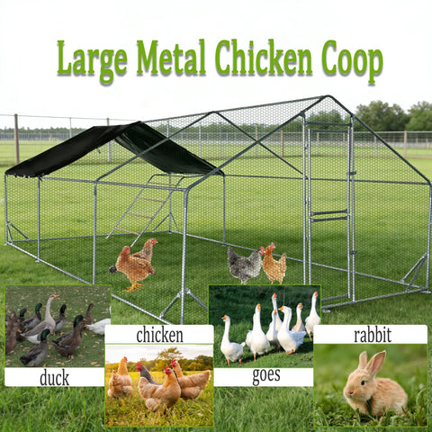 Heavy Duty Walk In Metal Chicken Coop With Spire Roof And Waterproof UV Cover Large Outdoor Run For Ducks And Chickens