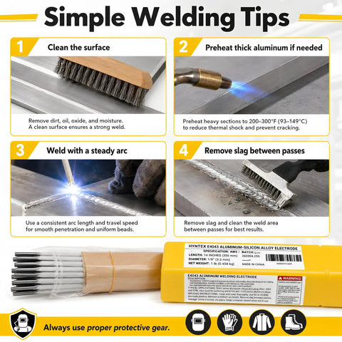 Simple welding tips with Pro-Grade Aluminum E4043 Welding Rods 1/8 Inch By 14 Inch for auto and DIY projects, moisture-proof packaging.