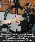 Heavy Duty Woodturning Steady Rest With Triple Rubber Rollers For 16 18 20 Inch Swing Lathes, showing alignment on wood piece.