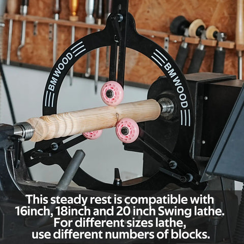 Heavy Duty Woodturning Steady Rest With Triple Rubber Rollers For 16 18 20 Inch Swing Lathes, showing alignment on wood piece.