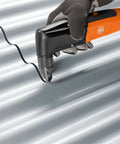 18 Gauge Nibbler with Rotating Punch cutting sheet metal, showing 45 Degree Adjustable Cutting Direction functionality.