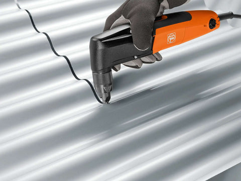 18 Gauge Nibbler with Rotating Punch cutting sheet metal, showing 45 Degree Adjustable Cutting Direction functionality.