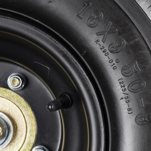 Close-up of tire rim and valve for Beefed-Up Universal Inner Tube for 18x8.50-8 and 18x9.50-8 Tires With TR-13 Straight Valve, 2 Pack