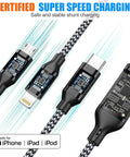 Three Pack Four Foot Three In One USB Charging Cable Set MFi Certified Fast Charge For Lightning USB C And Micro USB Multi Charging Cord Durable Nylon Braided Great For Travel On The Go Must Have. braided charging cable closeup