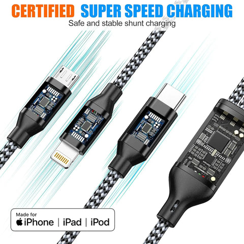 Three Pack Four Foot Three In One USB Charging Cable Set MFi Certified Fast Charge For Lightning USB C And Micro USB Multi Charging Cord Durable Nylon Braided Great For Travel On The Go Must Have. braided charging cable closeup