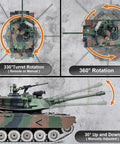 Top and side views of 1:18 Scale RC Tank With 2.4G Radio, M1A2 Style Military Battle Vehicle showcasing turret and muzzle movement.