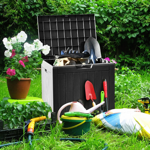 30 Gallon Outdoor Storage Deck Box Made From Waterproof Resin With Lockable Lid For Cushions Pool Accessories And Garden Tools A Versatile Patio Table All In One Go To Storage Ottoman For Indoor Or Outdoor Use