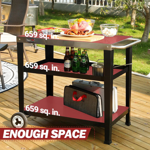 Rolling Dining Table With Trash Bag Holder For Outdoor Patio And BBQ Stainless Steel 34 Inch By 20 Inch Cart with shelves outdoors