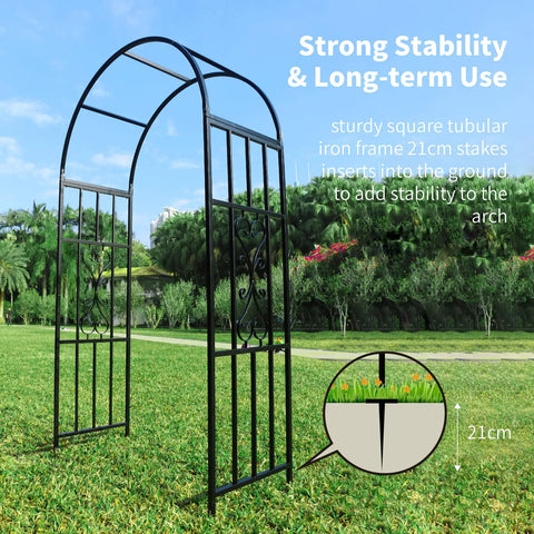 Durable Curved Metal Garden Arbor Trellis For Outdoor Use with iron frame and ground stakes, ideal for climbing vines.