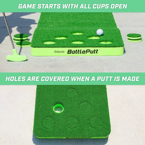 BattlePutt 11 Ft Backyard Putting Green Pong Style Golf Mat with cups, putter, and ball visible on the green surface.