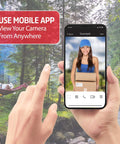 Person holding smartphone displaying 2K Video Doorbell With Chime And Rechargeable Battery, Dope Smart Security Camera app interface