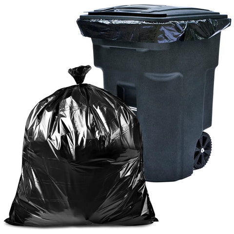 95 To 100 Gallon Heavy Duty Trash Bags Mega Value 50 Bags With Ties Black Extra Large Garbage Bags For Giant Rollaway Cans And Heavy Outdoor Cleanup, shown fitted in a large outdoor bin.