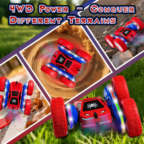 Remote Control Spider Car 4WD With 360 Degree Flips showing double-sided drift and LED lights on rough terrains